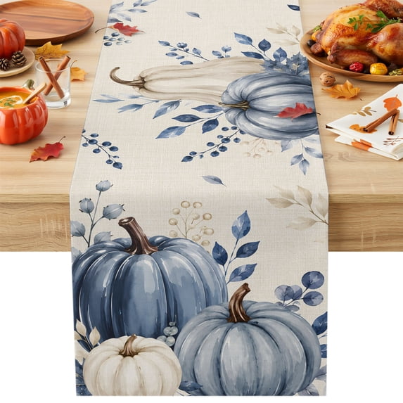 Navy Blue Pumpkins Fall Cotton Linen Rectangle Table Runners 13"x72", Thanksgiving Weeping Botanical Rustic Coffee Table Runner Dresser Scarves Table Runners for Wedding Party Banquet Dinner Decor
