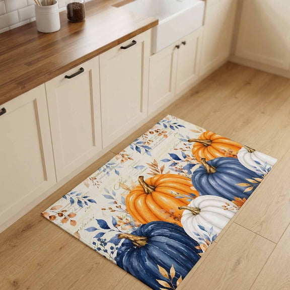 Navy Blue Pumpkins Fall Entryway Rug 2'x3' Non Slip Front Door Mats, Thanksgiving Weeping Leaves Entrance Rugs Indoor Outdoor Carpet, Washable Floor Mats Small Area Rug for Bedroom Kitchen