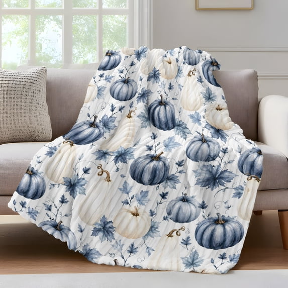 Navy Blue Pumpkins Fall Fleece Throw Blanket for Couch, Thanksgiving Botanical Leaves Pastoral Microfiber Flannel Blanket for All Season, Lightweight Soft Throw Blankets for Baby, Kids, Pets, 30"x40"