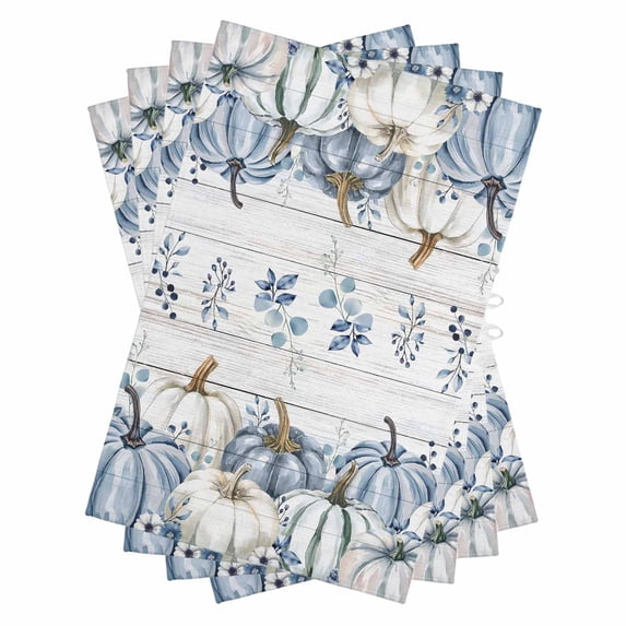 Navy Blue Pumpkins Fall Kitchen Towels Set of 4, Water Absorbent Dish Towel, Thanksgiving Wooden Eucalyptus Leaves Decorative Hand Towels - Quick Drying Cloth for Cooking Baking, 18x28 Inch