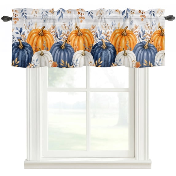 Navy Blue Pumpkins Fall Kitchen Valances for Windows, Orange Thanksgiving Eucalyptus Bathroom Window Valances 54x18 Inch Rod Pocket Window Treatments Valance Curtains for Living Room Bedroom Decor