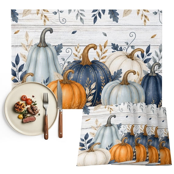 Navy Blue Pumpkins Fall Placemats Set of 2, Botanical Thanksgiving Grey Wooden Washable Wipeable Table Mats for Dining Tables, Indoor Outdoor Kitchen Place Mats for Holiday Party Table Decor