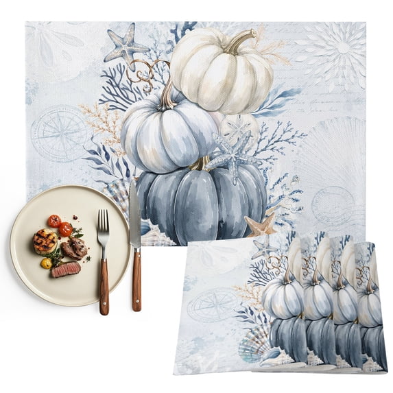 Navy Blue Pumpkins Fall Placemats Set of 4, Thanksgiving Coastal Nautical Pumpkin Washable Wipeable Table Mats for Dining Tables, Indoor Outdoor Kitchen Place Mats for Holiday Party Table Decor