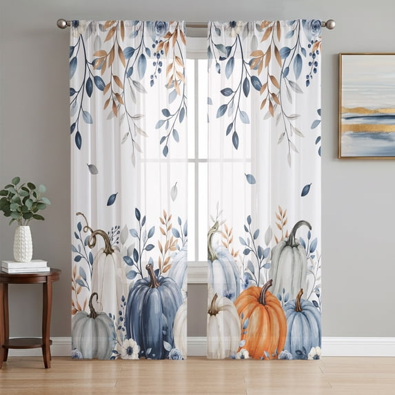 Navy Blue Pumpkins Fall Sheer Curtains 72 Inch Length 2 Panels Set, Thanksgiving Eucalyptus Leaves Autumn Window Treatment Rod Pocket Curtains Sheers Drapes for Bedroom/Living Room/Kitchen 52"x72"x2