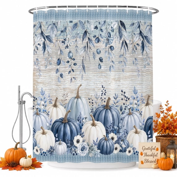 Navy Blue Pumpkins Fall Shower Curtain Set - Small 36" x 72" Washable Bathtub Curtain with 12 Hooks, Thanksgiving Botanical Wooden Weeping Waterproof Fabric Stall Shower Curtains for Bathroom Décor