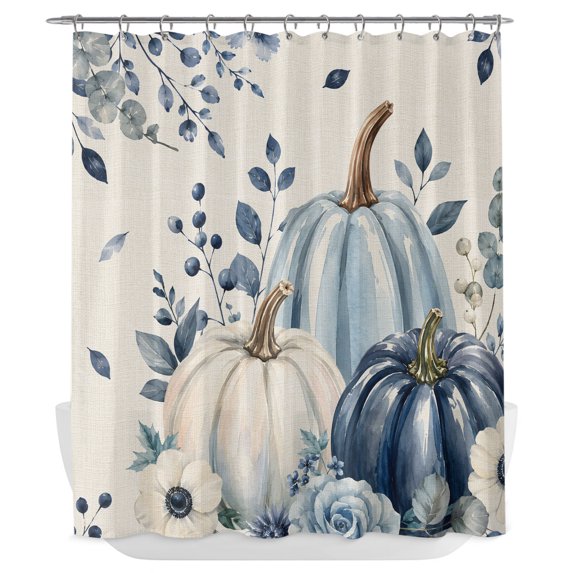 Navy Blue Pumpkins Fall Shower Curtain - Water Repellent Fabric Shower Curtains Washable, Eucalyptus Rustic Thanksgiving Decorative Polyester Cloth Bathroom Curtains Modern Bath Decor 72"x84"
