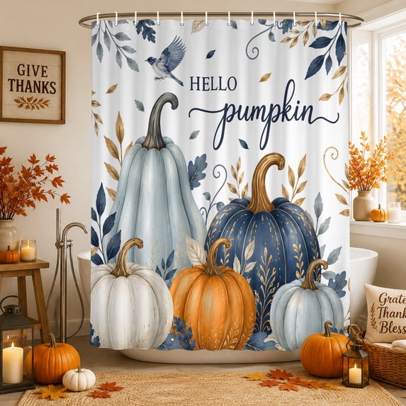 Navy Blue Pumpkins Fall Shower Curtains for Bathroom, Thanksgiving Eucalyptus Botanical Waterproof Fabric Shower Curtain, Decorative Bathroom Curtain for Bathtub, 72"x84", No Hooks Included
