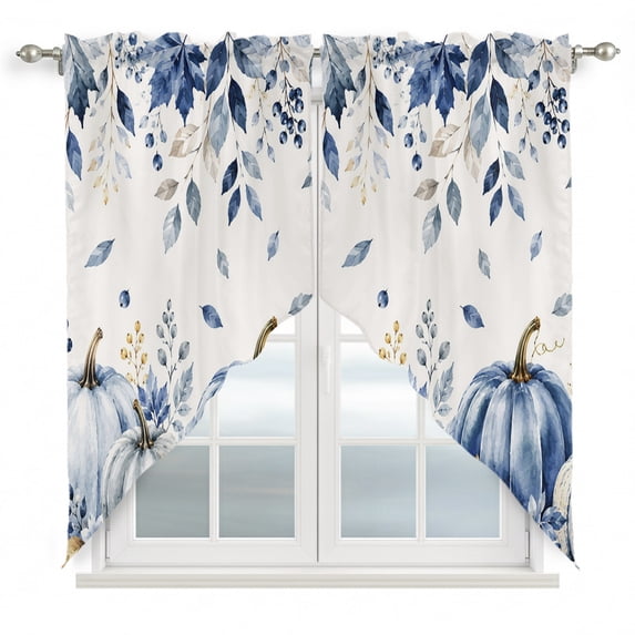 Navy Blue Pumpkins Fall Swag Valances for Windows 2 Pack, Kitchen Window Curtains 36 Inch Length, Thanksgiving Weeping Leaves Floral Privacy Swag Curtains for Living Room/Bathroom 36"x36"