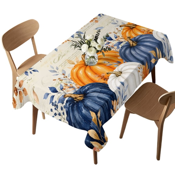 Navy Blue Pumpkins Fall Table Cloth, Waterproof Tablecloth for Rectangle Tables, Thanksgiving Weeping Leaves Washable Fabric Table Cover for Restaurant Kitchen Dining Tables 52"x70"