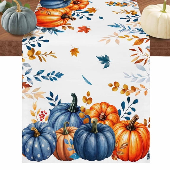 Navy Blue Pumpkins Fall Table Runner 108 Inches Long, Thanksgiving Autumn Orange Maple Cotton Linen Table Runners Dresser Scarves, Fabric Tabletop Scarf Furniture Cover for Dinner Party 13"x108"