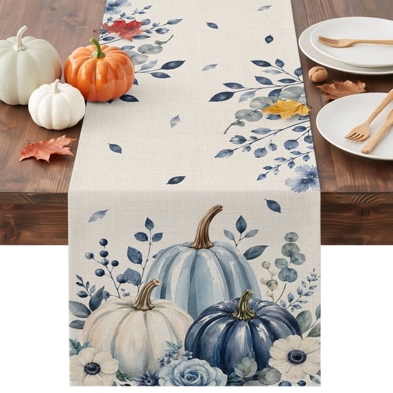 Navy Blue Pumpkins Fall Table Runner - 72 Inch Long Eucalyptus Rustic Thanksgiving Cotton and Linen Blended Dress Scarves Farmhouse Table Runner for Kitchen Dining, Coffee Table, 13" x 72"