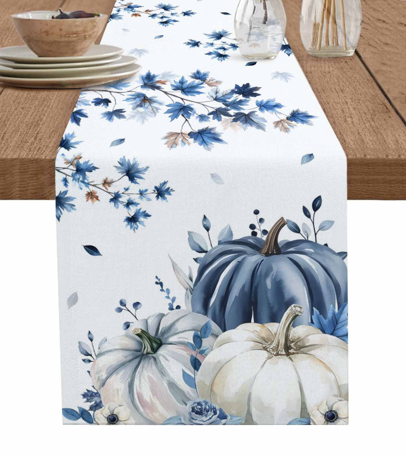 Navy Blue Pumpkins Table Runner 90 Inches, Fall Blue Maple Tree Leave ...