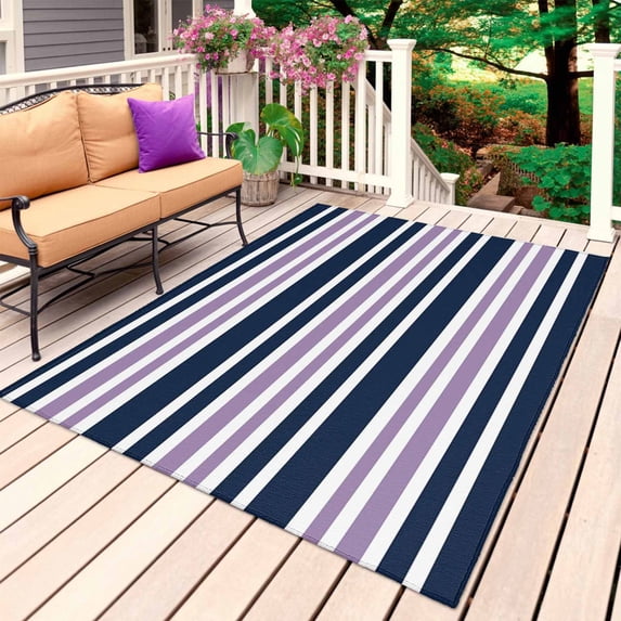 Navy Blue Purple Striped Outdoor Rug 4x6 Ft, Non Slip Washable Area Rug, Gradient Horizontal Lines Patio Rugs Carpet Runner, Large Floor Mat for Indoor/Outdoor Deck Porch Camping
