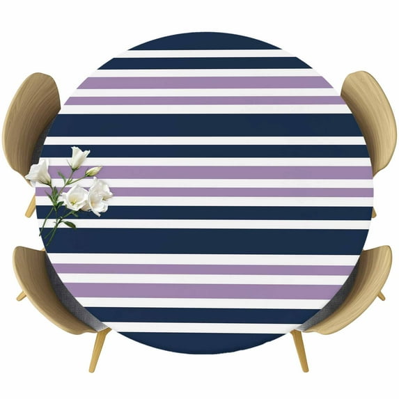 Navy Blue Purple Striped Round Tablecloth, Fitted Table Cover with Elastic for 55"-60" Round Tables, Gradient Horizontal Lines Table Cloth Outdoor Indoor Dinning Party Waterproof Tablecloths