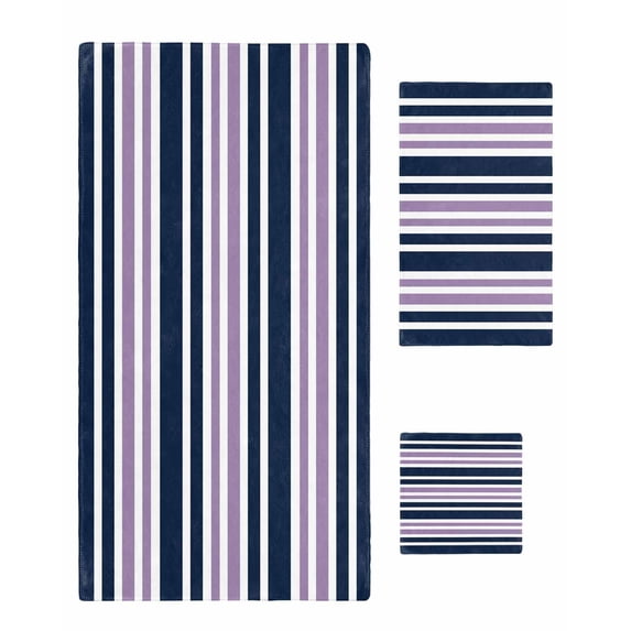 Navy Blue Purple Striped Towel Set of 3, Soft Microfiber Bath Towels, Hand Towel, Washcloths, Gradient Horizontal Lines Quick-Dry Absorbent Towels for Bathroom Kitchen Hotel Beach Gym Spa
