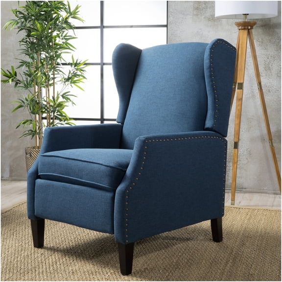 Navy Blue Pushback Recliner Chair, Modern Wingback Fabric Armchair with Nailhead Trim and Wood Legs for Living Room or Bedroom