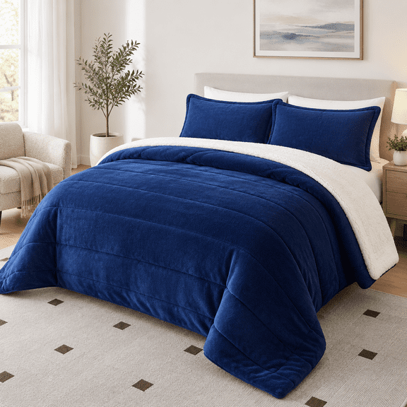 Navy Blue Queen 86"x86" 3-Layer Luxury Flannel Fleece Plush Sherpa Bed Blanket Set with 2 Pillow Shams