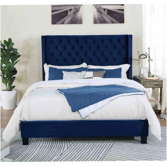 Navy Blue Queen Bed Frame with Upholstered Tufted Wingback Headboard, Modern Glam Transitional Style