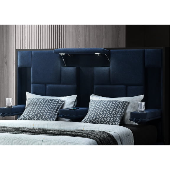 Navy Blue Queen Bed With Wireless Charging, , And Function Built-in Charging