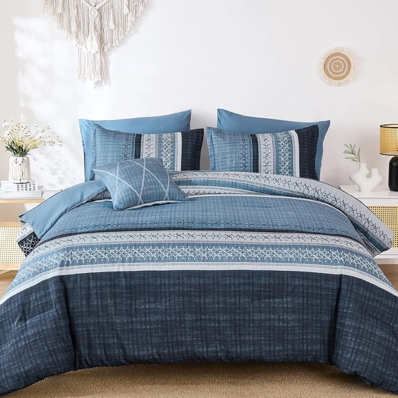 Navy Blue Queen Comforter Size Set, 8 Pieces Striped Texture Bed in a Bag Bedding Sets, Lightweight Soft Comforter and Sheet Set, All Season Microfiber Teen Boys Bedding Sets for Men Women