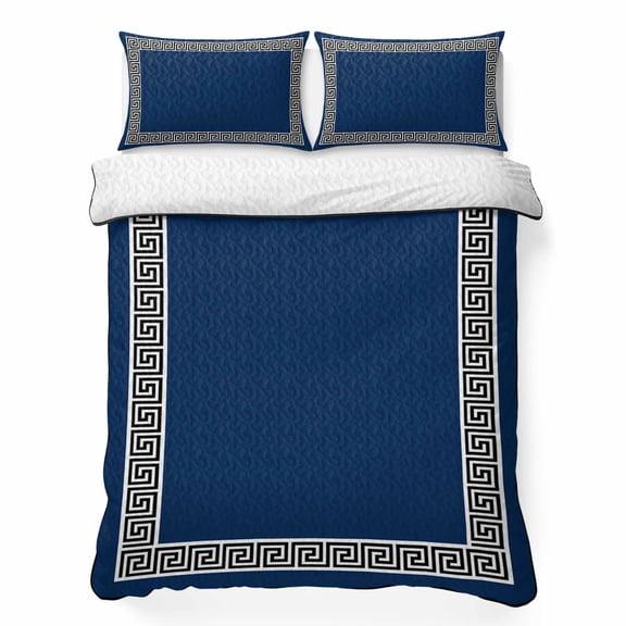 Navy Blue Queen Quilt Bedding Set, Greek Chinese Style Lightweight Comforter with 2 Pillow Shams Bedroom Bedspread Set Home Decor for All Seasons