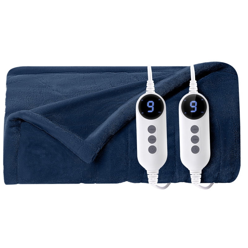 Vccoem Dual Control Heated Throw Blanket, Queen Size 84"x90", Dual-Sided Flannel & Sherpa, 9 Heat Settings, 2-10 Hour Auto Shut-off, Machine Washable Electric Blanket for Couch & Bed, Navy Blue