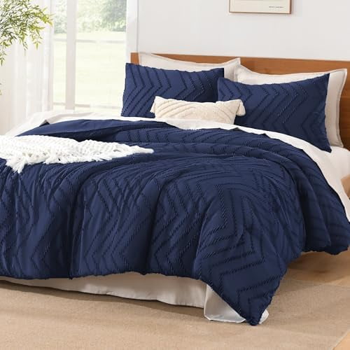 Navy Blue Queen Size Comforter Sets, 3 Pieces Lightweight Chevron ...