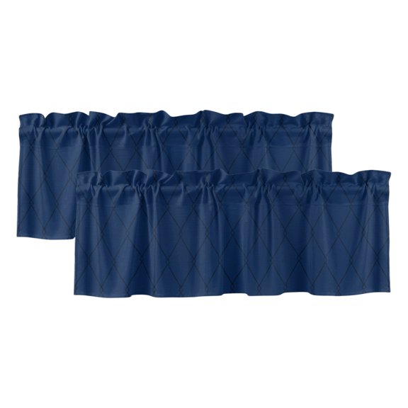 Navy Blue Quilted Lines 2 Panels Kitchen Valance, Minimalist Rhombus Pattern Diamond Grid Curtains Valances for Small Windows Rod Pocket Window Treatments for Living Room Bedroom 42" W x 12" L