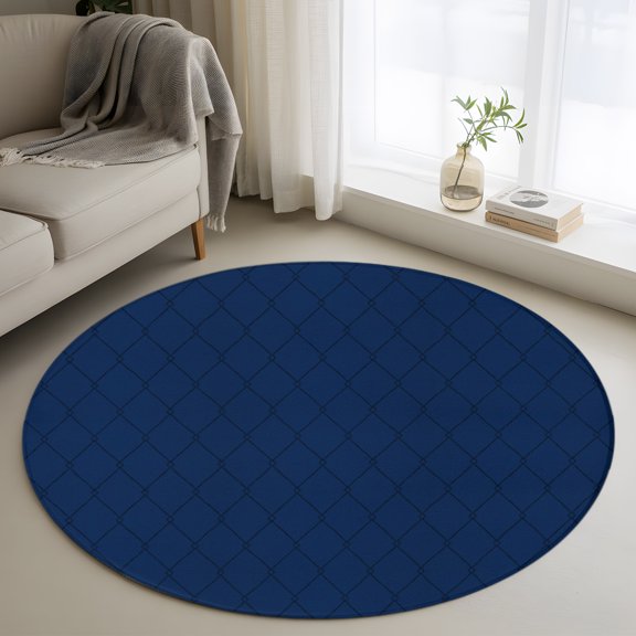 Navy Blue Quilted Lines 3FT Round Area Rug Minimalist Rhombus Pattern Diamond Grid Soft Small Round Rugs Non-Slip, Ultra-Thin Washable Rug Low Pile Circle Carpet for Bedroom Kitchen Nursery