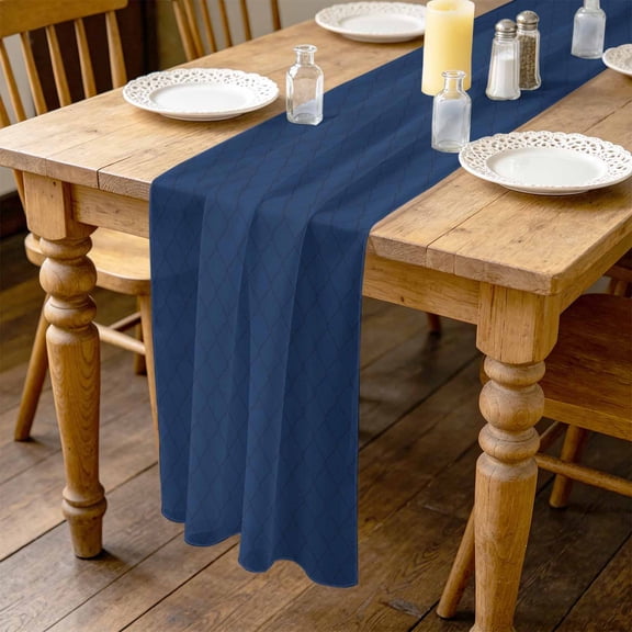 Navy Blue Quilted Lines 4.5ft Cheesecloth Table Runner for Wedding 19"x55", Minimalist Rhombus Pattern Diamond Grid Kitchen Dinner Sheer Tulle Chiffon Dresser Scarf, Holiday Party Decorations