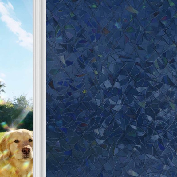 Navy Blue Quilted Lines Rainbow Window Privacy Film, Minimalist Rhombus Pattern Diamond Grid Stained Glass Window Film, Sun Blocking Glass Clings Non Adhesive Door Stickers 17.7 x 39.3 Inches