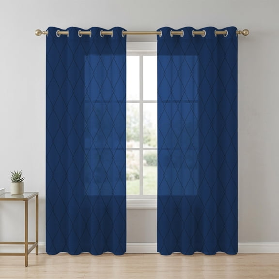 Navy Blue Quilted Lines Sheer Curtains 63 Inch Long 2 Panels, Minimalist Rhombus Pattern Diamond Grid Light Filtering Semi Sheer Drapes Grommet Voile Window Curtain for Living Bedroom W42 x L63