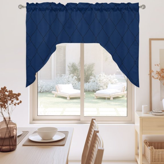 Navy Blue Quilted Lines Swag Valance for Windows, Minimalist Rhombus Pattern Diamond Grid Swag Curtains Valances for Small Window Treatment Rod Pocket for Kitchen Bathroom 1 Panel 56x36in