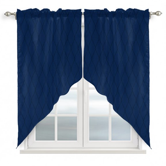 Navy Blue Quilted Lines Swag Valances for Windows 2 Pack Minimalist Rhombus Pattern Diamond Grid Swag Kitchen Curtains 36 Inches Long Rod Pocket Short Window Treatment for Kitchen Bathroom 28"x36"