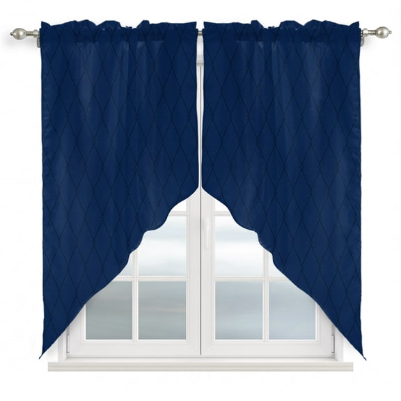 Navy Blue Quilted Lines Swag Valances for Windows 2 Pack Minimalist Rhombus Pattern Diamond Grid Swag Kitchen Curtains 63 Inches Long Rod Pocket Short Window Treatment for Kitchen Bathroom 36"x63"