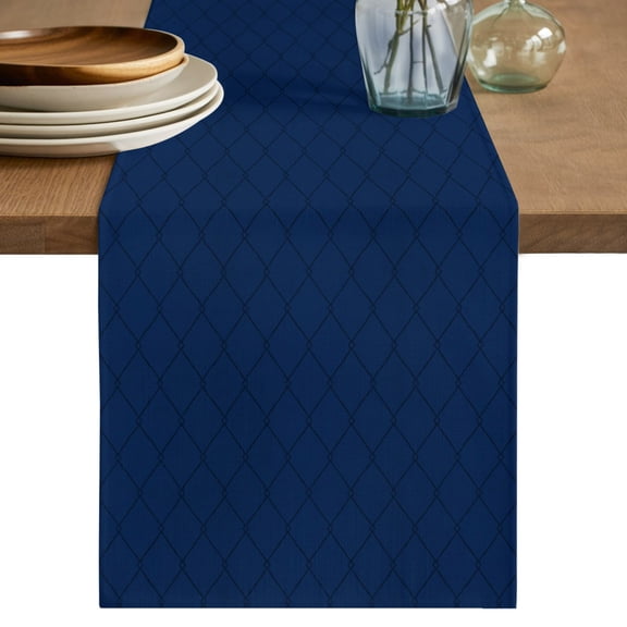 Navy Blue Quilted Lines Table Runner, Minimalist Rhombus Pattern Diamond Grid Cotton Linen Table Cloth, Tablerunner for Kitchen Dining Party Wedding Home Decor 13x36 Inch