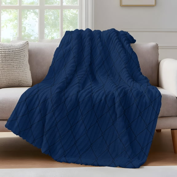 Navy Blue Quilted Lines Throw Blanket for Couch Minimalist Rhombus Pattern Diamond Grid Soft and Warm Flannel 3D Striped Fluffy Fuzzy Fleece Blanket Lightweight Throw for Bed, Sofa 50 x 60 Inches