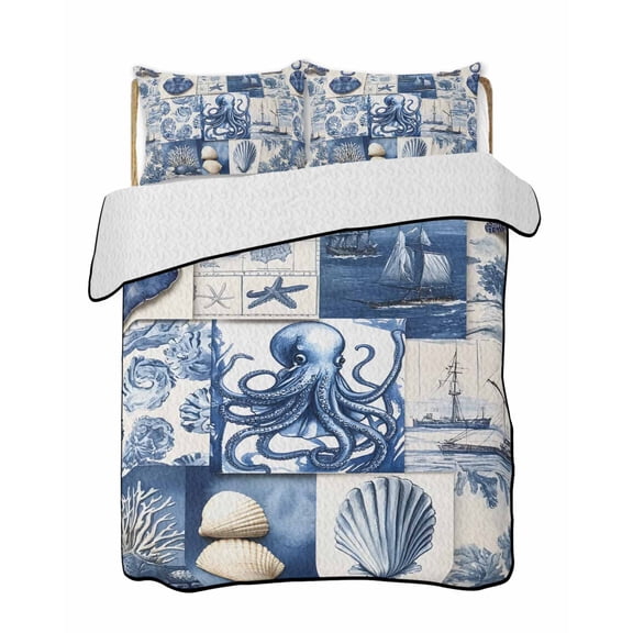 Navy Blue Quilts Bedding Set California King Ocean Octopus Shell Sailing Ship Patchwork Retro Lightweight Quilted Bedspread 3 Piece Bed Quilt with 2 Pillow Shams All Season for Bedroom 96" x 106"