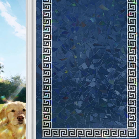 Navy Blue Rainbow Window Privacy Film, Greek Chinese Style Border Geometric Stained Glass Window Film, Sun Blocking Glass Clings Static Cling Non Adhesive Door Stickers 23.6 x 78.7 Inches