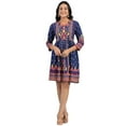 thumbnail image 1 of Navy Blue Rayon Ikat Printed Fit & Flare Lacy Short Dress With Dori Tie-Up At Waist, 1 of 5