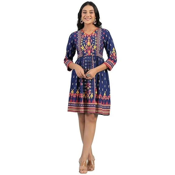 Navy Blue Rayon Ikat Printed Fit & Flare Lacy Short Dress With Dori Tie-Up At Waist