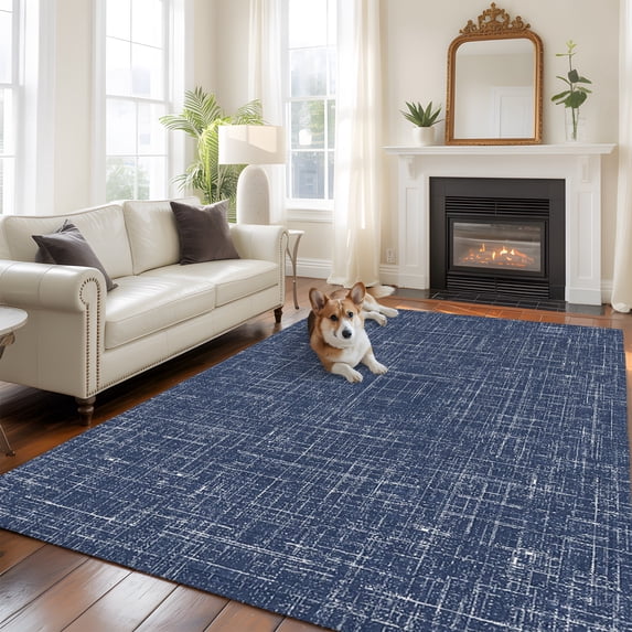 Navy Blue Rectangle Area Rug 8x10ft Abstract Modern Farmhouse Solid ...