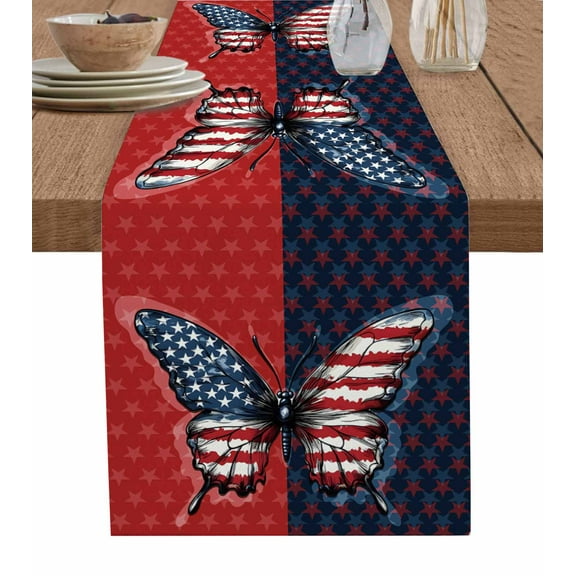 Navy Blue Red Butterfly Table Runner 48 Inches, Stars Modern Abstract Art Bed Runner Dresser Scarves Tabletop for Indoor Outdoor Parties/Ceremony/Banquet, 13" x 48"