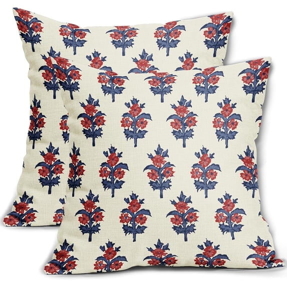 Navy Blue Red Floral Pillow Covers 20x20 Set of 2 Spring Summer Flower Leaves Print Decorative Throw Pillow Cases Outdoor Farmhouse Decoration for Sofa Couch Bed