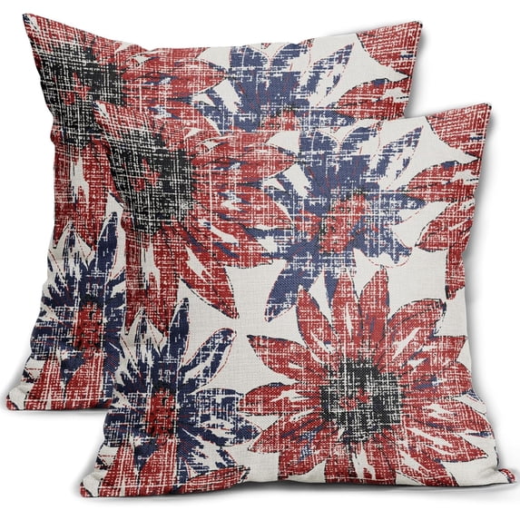 Navy Blue and Red Pillow Covers 16x16 Set of 2 Retro Sunflower Flowers Print Decorative Throw Pillows Outdoor Modern Art Floral Pillowcase Square Linen Cushion Case for Home Sofa Couch Bed