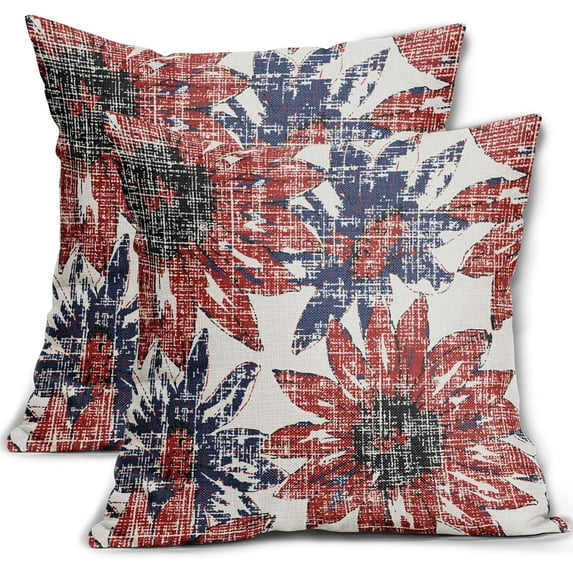Navy Blue and Red Pillow Covers 18x18 Set of 2 Retro Sunflower Flowers Print Decorative Throw Pillows Outdoor Modern Art Floral Pillowcase Square Linen Cushion Case for Home Sofa Couch Bed