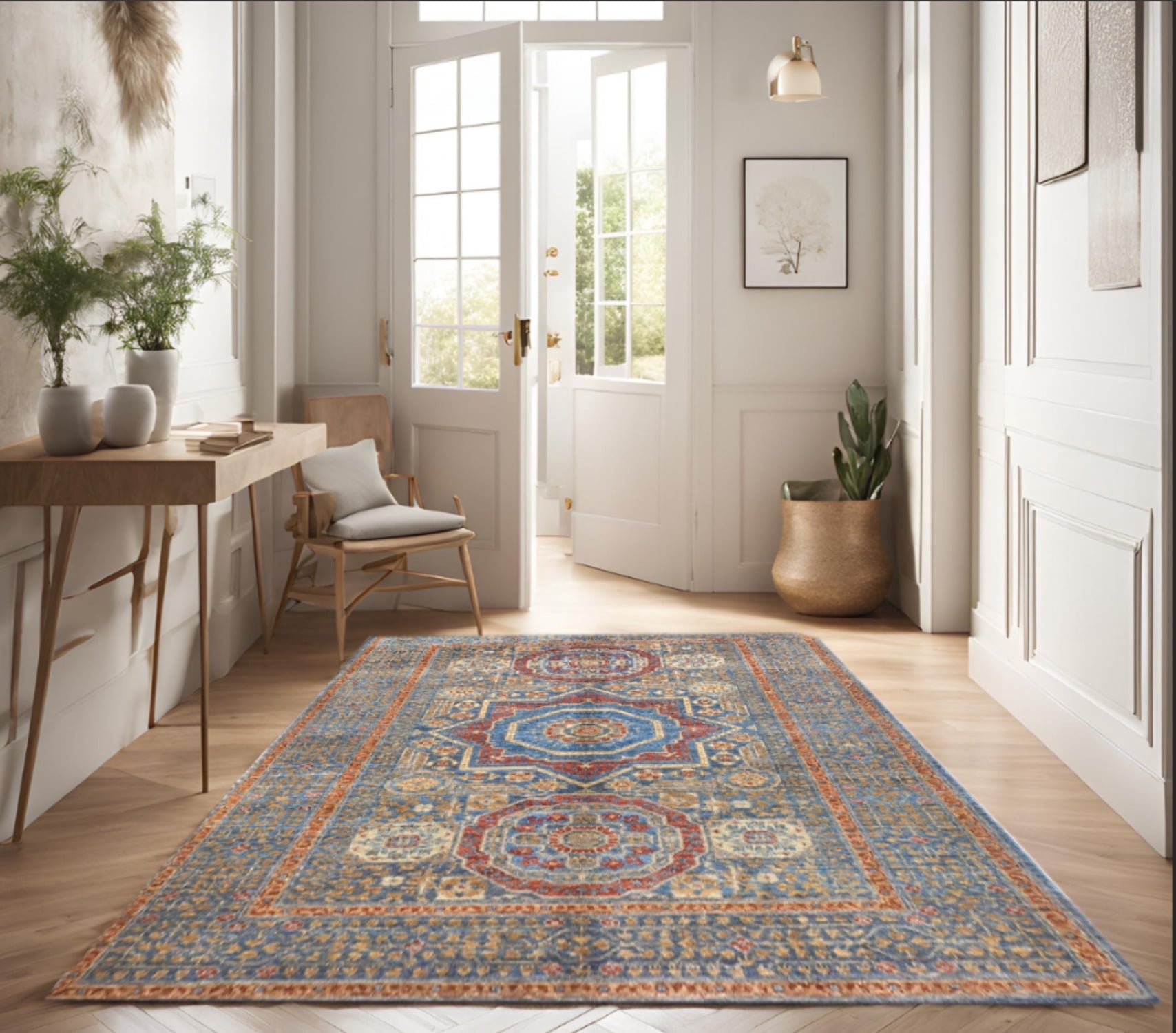 Navy Blue Red Premium Handwoven Pure Wool Mamlouk Rug, 4ft 0in x 5ft ...