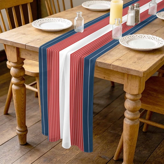 Navy Blue Red Stripe 10ft Cheesecloth Table Runner for Wedding 27"x120", Abstract Line Kitchen Dinner Sheer Tulle Chiffon Dresser Scarf, Holiday Party Decorations