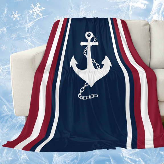 Navy Blue Red Stripe Cooling Blanket,Lightweight Breathable Summer Throw Blanket with Double Sided Cold Effect,Coastal Nautical Anchor Farmhouse Picnic Blankets Bed Sheet for Hot Sleepers 40"x60"