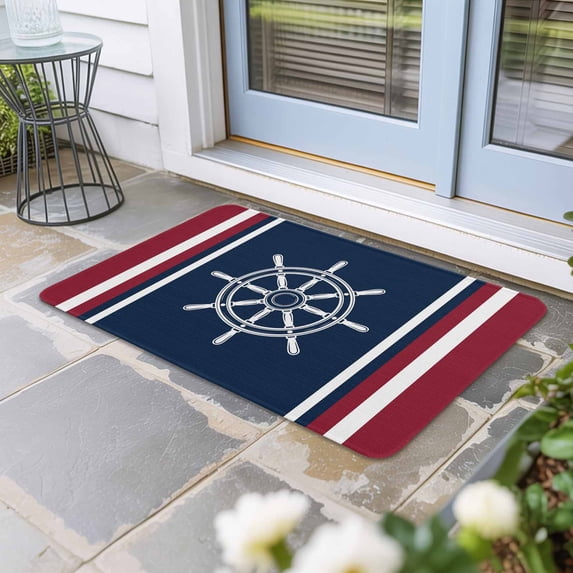 Navy Blue Red Stripe Door Mat Indoor Outdoor,Coastal Nautical Rudder Farmhouse Non Slip Welcome Mat with Rubber Backing,Absorbent Fabric Front Door Mats Entryway Rug for Home Patio Entrance 20"x31.5"